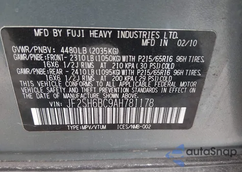 2010 Subaru Forester 2.5X z USA, uszkodzony, nr VIN JF2SH6BC9AH781178